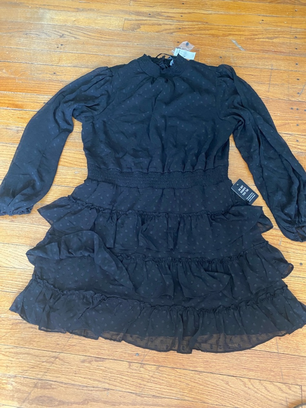Express Black Swiss Dot Ruffle Dress with Smocked Yoke